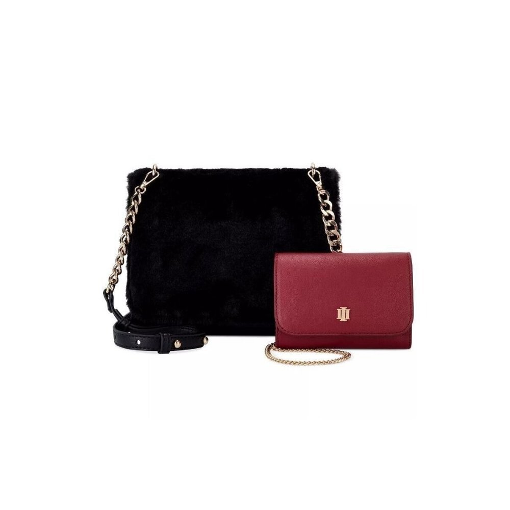 2 PC Set - INC Sibbell faux-fur women's mini crossbody + mini bag - Black/Red